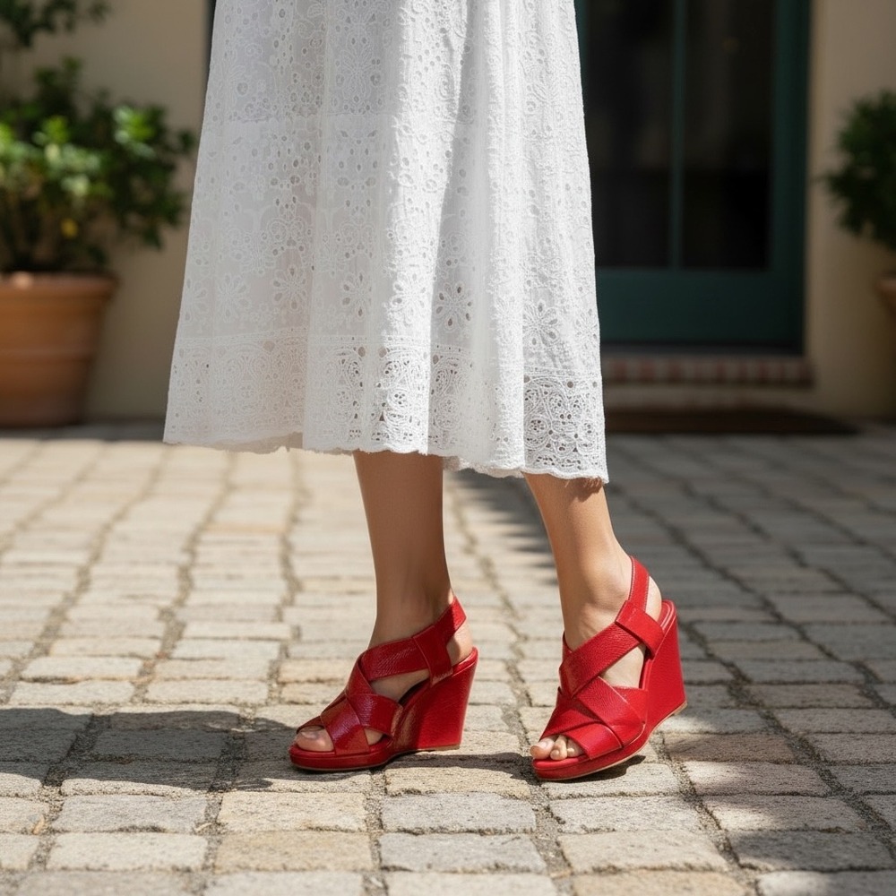 Cole Haan Air Tali Red‎ Patent Leather Crisscross Wedge Sandals Slingback 3.25"